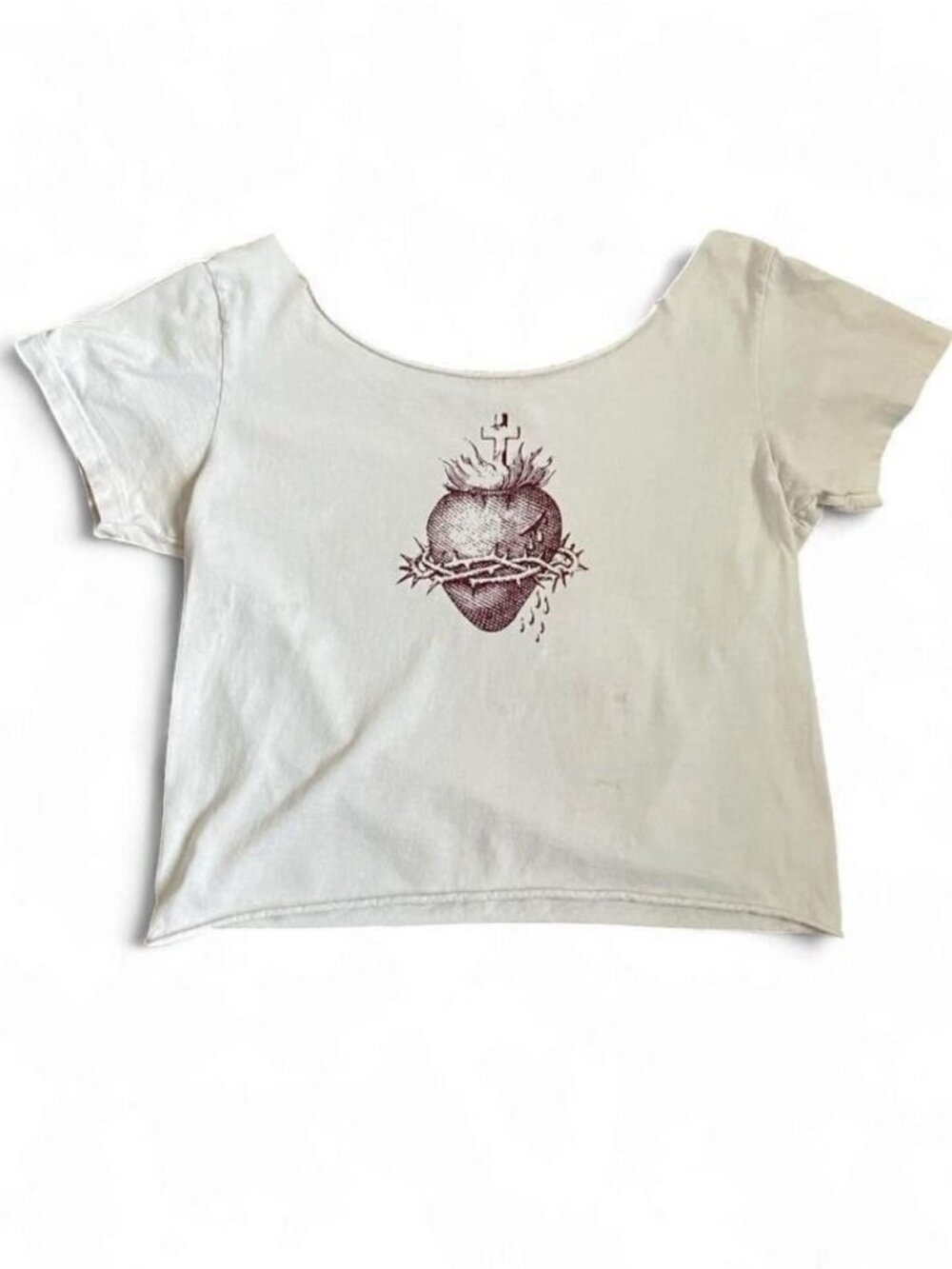 John Galt White Scoop Neck Short Sleeve Crop T-Shirt Sacred Heart Graphic One Sz